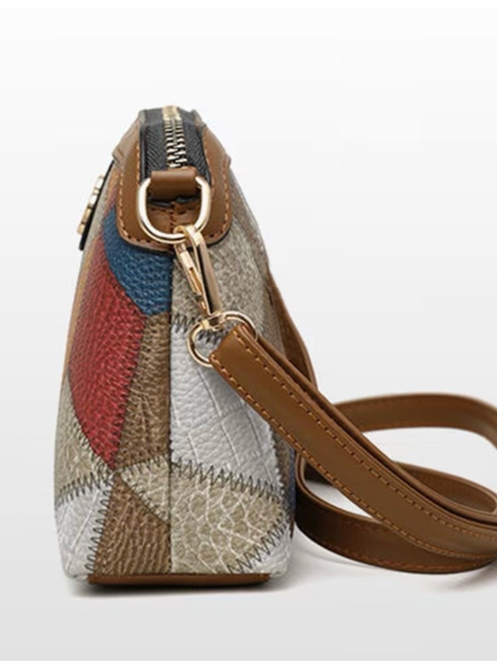Patterned Geometric Crossbody Bag with Brown Trim - Picture 3 of 5